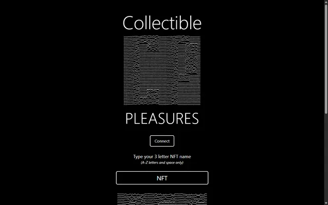 El sitio en vivo: “Collectible” sobre un cuadro de ondas blancas, luego “PLEASURES” y un campo para escribir tres letras.
