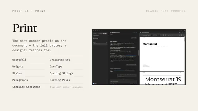 A slide about the print proof, with a screenshot of a generated PDF.