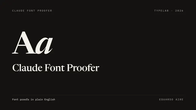 The title slide of my TypeLab 2026 talk: a large serif “Aa” over “Claude Font Proofer”.