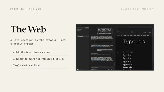 A slide about the web proof, with a screenshot of a live specimen.