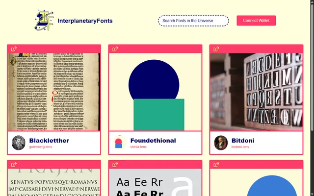 La galería de proyectos de fuentes, cada tarjeta con su portada y su creador.