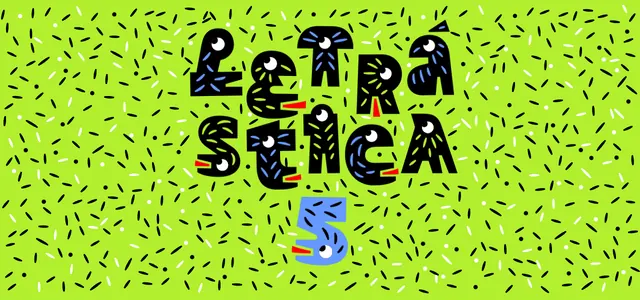 El logo animado de Letrástica 5: letras negras con ojos blancos sobre un campo verde brillante lleno de figuritas.