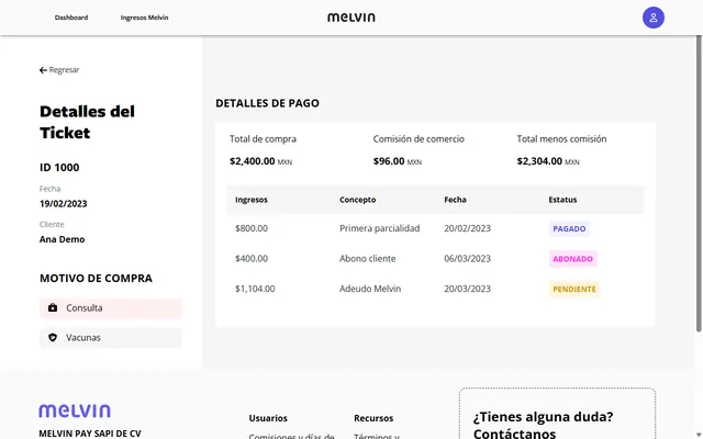 A ticket’s details: total, merchant fee, and each payment with its status.