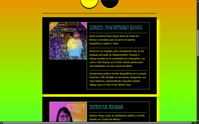 The guests page, with each speaker’s photo and bio in black boxes.